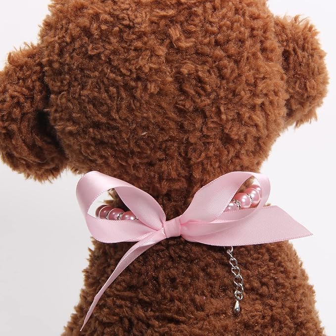 Dog Cat Pearls Necklace Collar with Bling Accessories and Ribbon Bow Pet Puppy Jewelry for Female Dogs Cats Small Medium (M, Pink)