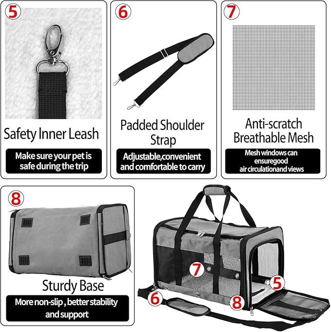 Soft Sided Cat/Dog Carrier,Collapsible Pets Travel Carriers for Pet/Puppy with Shoulder Strap & Removable Mat,Mesh Top Load Small Dogs/Cats Carry Bag Up to 17 Lbs TSA Airline Approved(Grey,M)