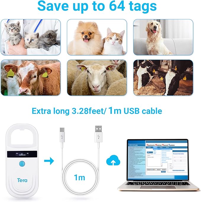 Tera Pet Microchip Reader Scanner with D-Ring RFID Portable Animal Chip ID Scanner with OLED Display Screen Rechargeable Data Storage Tag Scanner EMID FDX-B(ISO11784/85) for Dog Cat Animal Management