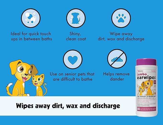 Petkin Jumbo Pet Ear Wipes, 80 Extra Moist Wipes - Soothing & Deodorizing Pet Ear Cleaner to Remove Dirt, Odor, & Wax - Safe, Convenient, & Easy to Use Pet Wipes for Dogs, Cats, Puppies & Kittens