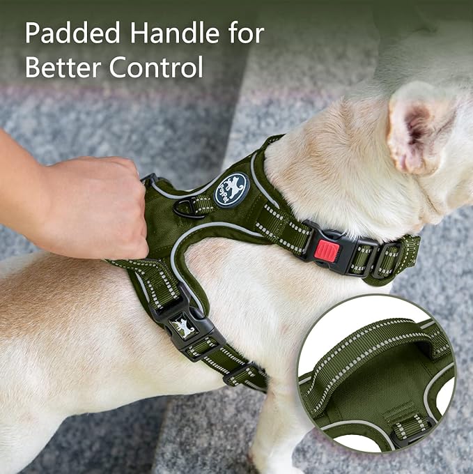 PoyPet No Pull Dog Harness, No Choke Reflective Dog Vest, Adjustable Pet Harnesses with Easy Control Padded Handle for Small Medium Large Dogs(Military Green,M)