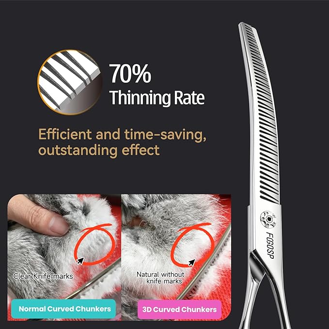 Professional 3D Curved Chunkers Dog Grooming Scissors 7in Magic Thinning Shears for Dogs Pet Cat Light Cutting Feel No Marks Only Fluffy Natural 70% Thinning Rate Japan Alloy Steel(7,3D)