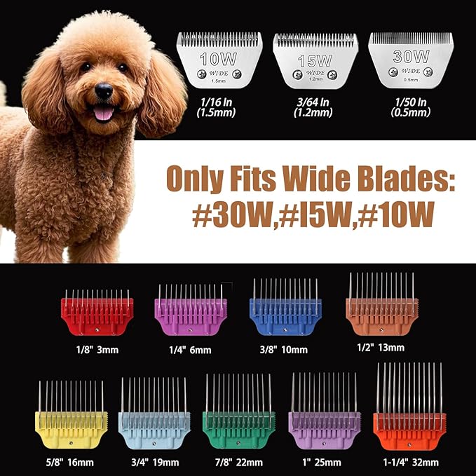 10W/15W/30W Dog Animal Stainless Steel Wide Clipper Attachment Guard Comb Set for A5 Series | Snap-On/Off Design Combs,Only Fir for 10W/15W/30W Wide Blade (12-Piece)