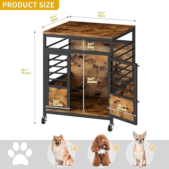 DWVO Dog Crate Furniture, 24 Inch Dog Kennel Indoor Furniture End Table Cage for Dogs, Modern Decorative Crate Wooden Dogs Cage Furniture with Wheels, Chew-Resistant, Rustic Brown