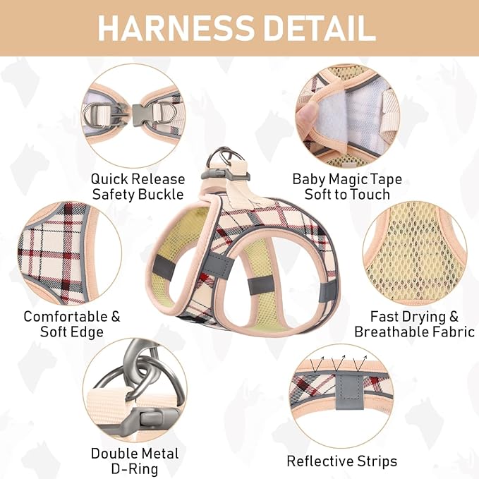 GAMUDA Dog Harness, Collar and Seat Belt Set, Vehicle Safety Harness, Retractable Adjustable Pet Seatbelts with Travel Strap and Carabiner for Most Cars (Beige, XXS)