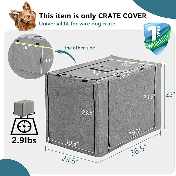 PETSFIT Dog Kennel Cover,36 Inch Crate Cover for Wire Dog Crate, Double Doors, Mesh Window, Flap On The Top and Back is Detachable, Dog Crate Cover Grey