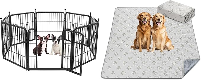 FXW 24 inch 8 Panels Rollick Dog Playpen & FXW 63" x 63" 1 Pack Washable Pee Pads