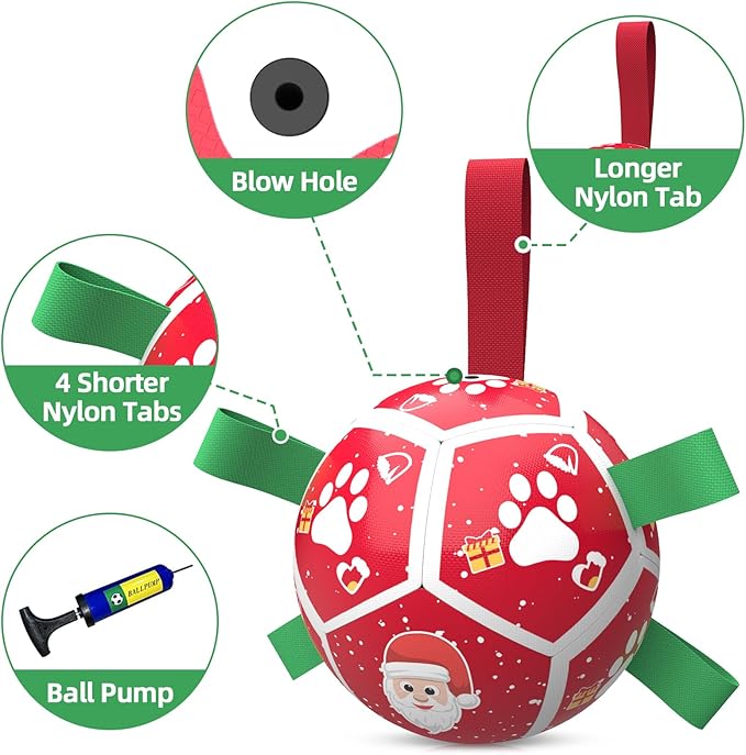 QDAN Christmas Dog Toys Soccer Ball with Straps, Outdoor Interactive Dog Toys for Tug of War, Puppy Birthday Gifts, Dog Tug Toy, Dog Water Toy, Durable Dog Balls for Small Dogs(5 Inch)