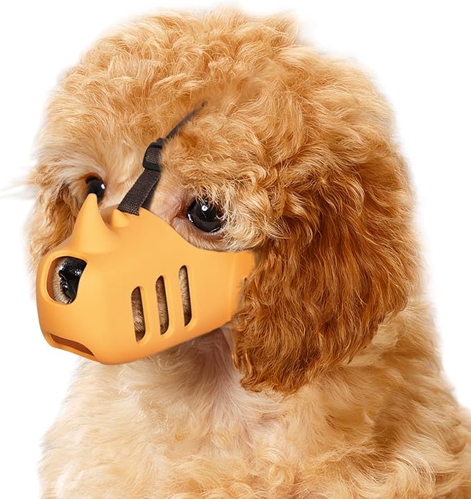 LUCKYPAW Dog Muzzle, Soft Muzzle for Small Medium Dogs Poodle Dachshund, Breathable Silicone Cage Mouth Cover to Prevent Biting Chewing, Funny Rhino Shaped Muzzle with Adjustable Head Strap(Yellow,XL)