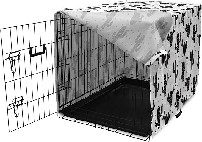 Ambesonne Cactus Dog Crate Cover, Monochrome Saguaro Succulent Botanical Continuous Pattern Plain Background, Easy to Use Pet Kennel Cover for Cats & Medium Dogs, 24 Inch, Charcoal Grey