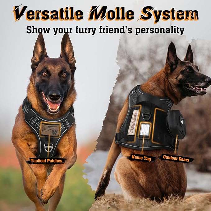 rabbitgoo Dog Harness for Large Dogs No Pull, Tactical Service Dog Vest with Molle and Control Handle, Adjustable and Reflective Military Pet Harness for Easy Walking and Training, Black, L