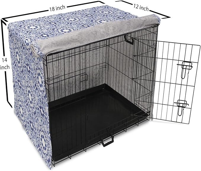 Lunarable Traditional Dog Crate Cover, Circular Flowers and Stripes Ethnic Gzhel Pattern Classic Motifs Art, Easy to Use Pet Kennel Cover for Small Dogs Puppies Kittens, 18 Inch, Pale Blue