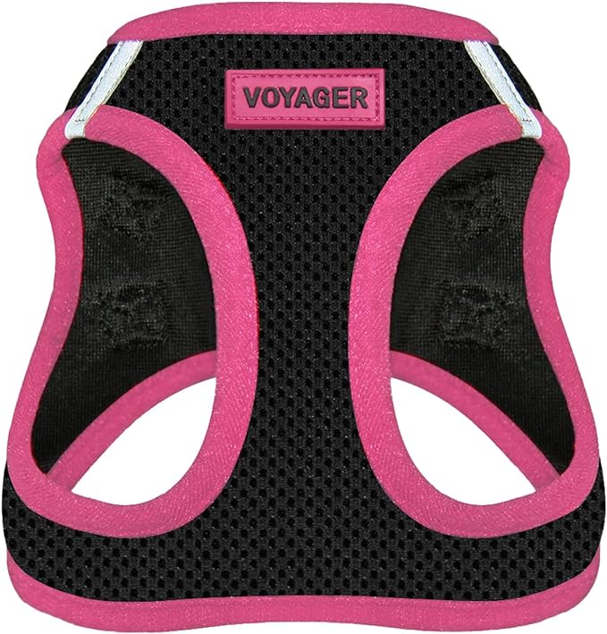 Voyager Step-in Air Dog Harness - All Weather Mesh, Reflective, No Pull Harness for Small, Medium Dogs, Cats - Secure with Hook & Loop Fastener, Buckle, Double D-Rings - Black/Pink Trim, L