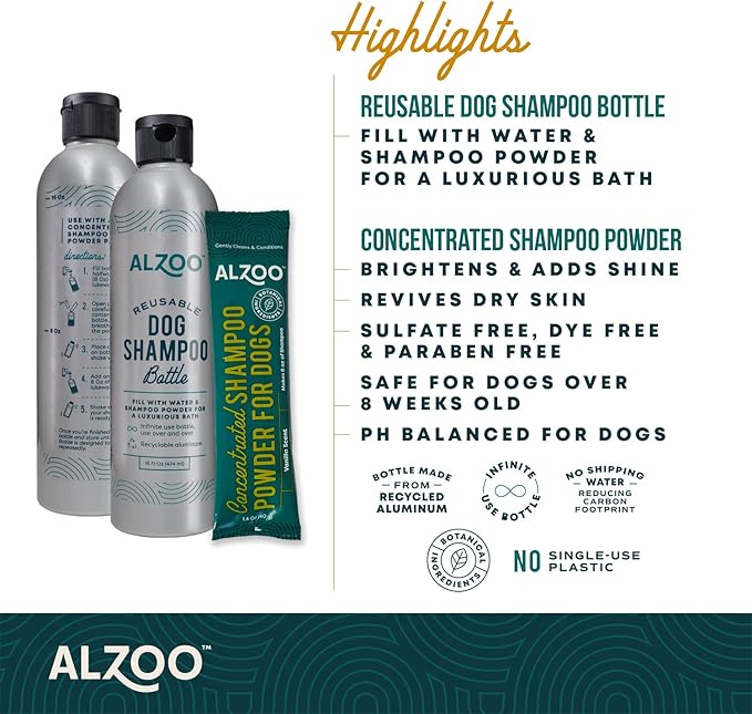 Reusable, Refillable Aluminum Bottle & Concentrated Powder Shampoo for Dogs, Sensitive Skin Bundle, Just Add Water, Bottle & Pouch Starter Kit