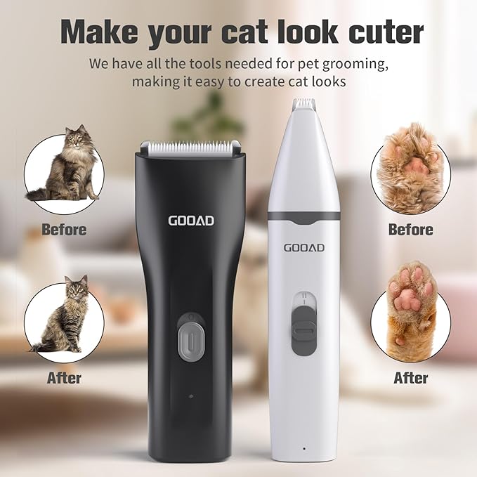 Goood Cat Clippers for Matted & Long Hair - Cordless Cat Grooming Kit with Paw Trimmer & Nail Grinder - Black