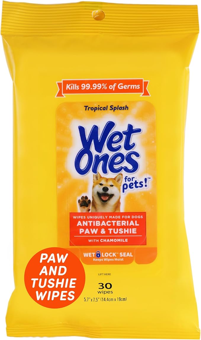 Wet Ones for Pets Paw & Tushie Dog Wipes with Chamomile, Tropical Splash Scent - Cleansing Doggie Wipes for Between Baths, Scented Travel Grooming Wipes, Dog Wipes for Paws and Butt, 30 Count