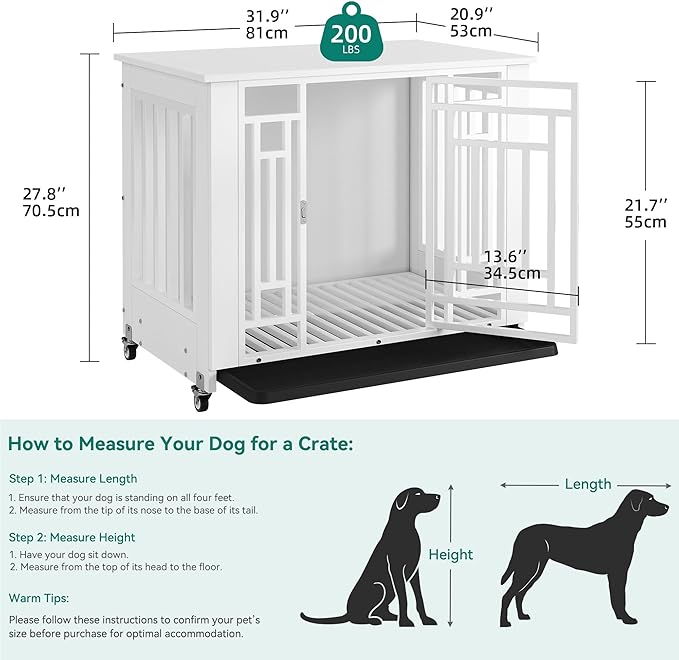 YITAHOME Dog Crate Furniture, 31.9" Heavy Duty Dog Cage, Wooden Side End Table with Wheels, Chew-Resistant Metal Dog Kennel with Removable Tray, Dog House Indoor for Small Medium Dogs, White