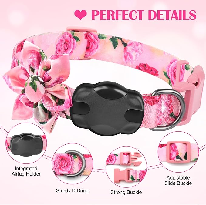 Airtag Dog Collar for Medium Dogs, Rose-Pink Dog Collars Girl with AirTag Holder Waterproof Airtag Case, Including Flower Spring Dog Collar Bowtie, for All Female Dogs 