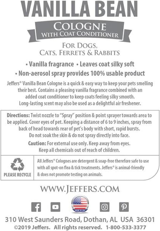 Jeffers Pet Cologne for Dogs, Cats, Rabbits & Ferrets, Vanila Bean 16oz – Soap-Free, Conditioner for Silky Coats, Safe & Fresh Fragrance, Deodorizing Spray for Pets, Grooming Essentials