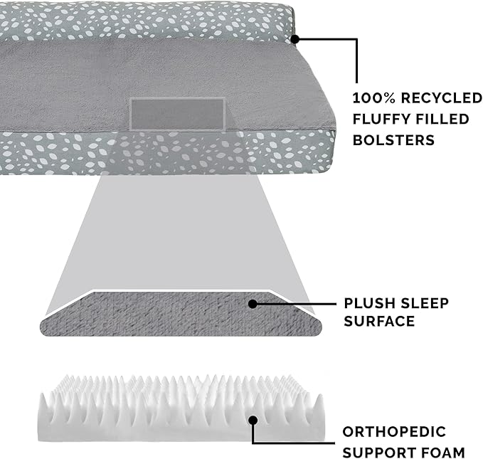 Furhaven Orthopedic Dog Bed for Large/Medium Dogs w/ Removable Bolsters & Washable Cover, For Dogs Up to 55 lbs - Plush & Almond Print L Shaped Chaise - Gray Almonds, Large