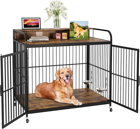 48 Inch Dog Crate Furniture, Dog Cages with Adjustable Feeder Height, Ideal for Large Dogs, Equipped with 360-Degree Swivel Casters for Smooth Mobility, Rustic Brown