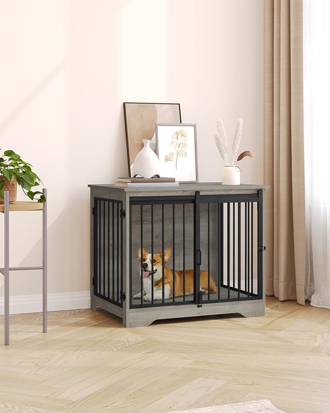 Dog Crate Furniture, 32" Double Door Dog Crate with Barn Door, Dog Kennel Indoor, End Side Table Wooden Dog Crates for Small Medium Large Dogs, Anti-Chew Anti-Escape, Greige DFC83605B