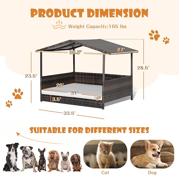 Giantex Wicker Dog House, Raised Rattan Dog Bed with Waterproof Roof, Washable Cushion Cover, Steel Frame, Indoor Outdoor Elevated Dog Bed Pet House for Small Medium Dogs Cats, Easy Assembly