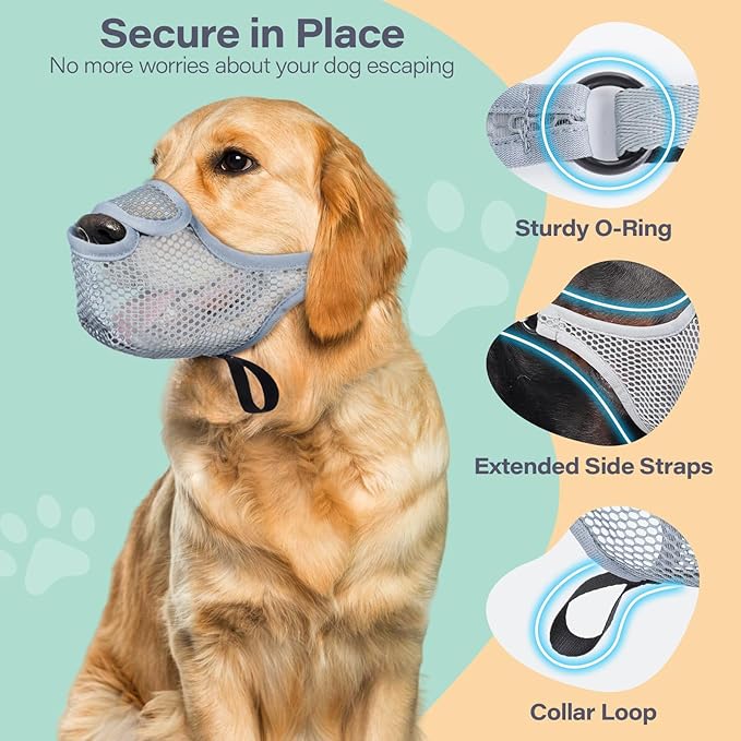 LUCKYPAW Dog Muzzle for Large Medium Small Dogs, Mesh Muzzle for Dog to Prevent Biting Chewing Licking Eating, Soft Dog Muzzle with Front Opening Design for Drinking Panting (Grey, XL)