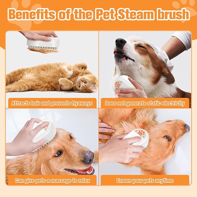 Cat Steam Brush,Silicone Dog Steamy Brushes,Rechargeable Pets Steam Brush for Dogs and Cats,Spritz Defur Comb for Cats,3 In 1 Pet Hair Remover Comb for Massage Grooming,Cleaning,Shedding White