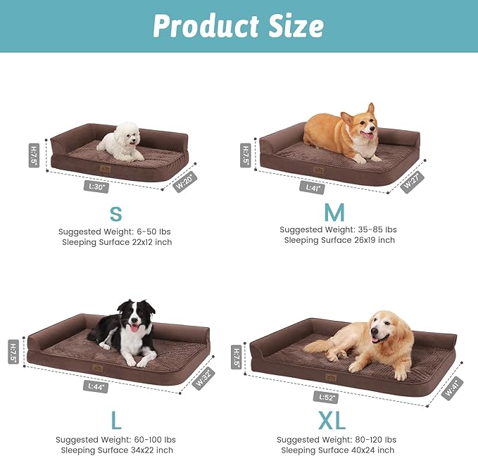 Orthopedic Dog Bed for Small Dogs,Waterproof Dog Sofa Beds with Sides, Supportive Foam Pet Couch Bed with Removable Washable Cover,Waterproof Lining and Nonskid Bottom,Brown(30" L x 20" W x 7.5" Th)