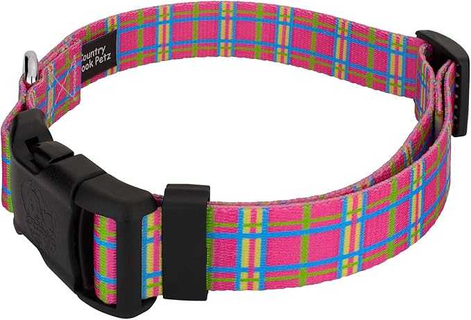 Country Brook Petz - Deluxe Bubblegum Pink Plaid Dog Collar - Made in The U.S.A. - Plaid and Argyle Collection Featuring Charming Designs (1/2 Inch, 2XS)