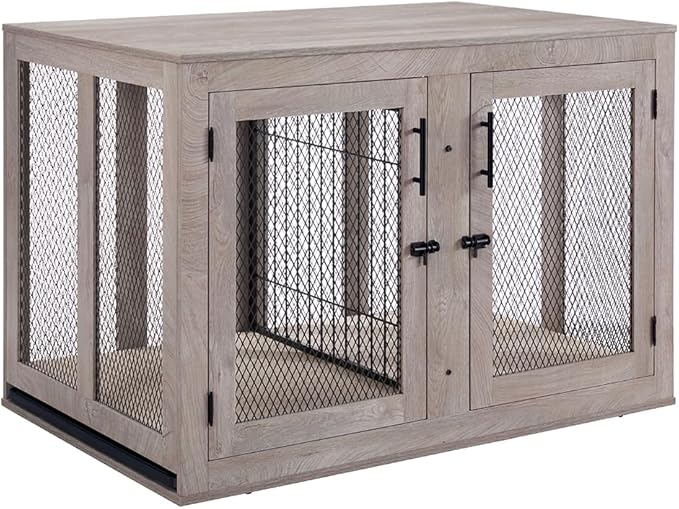 unipaws 46.7" Extra Large Dog Crate Furniture with Divider for 2 Dogs, Wooden Dog Kennel for XLarge Breed, XL Wood Dog Cage, End Table Crate with Tray, for Dogs Up to 90 lbs