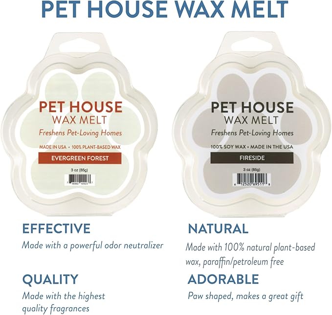 One Fur All Pet House Wax Melts, Evergreen Forest and Fireside Long-Lasting Winter Scent for A Fresh Smelling Home, Pet-Friendly Plant-Based Soy, 3 OZ Each, Pack of 2