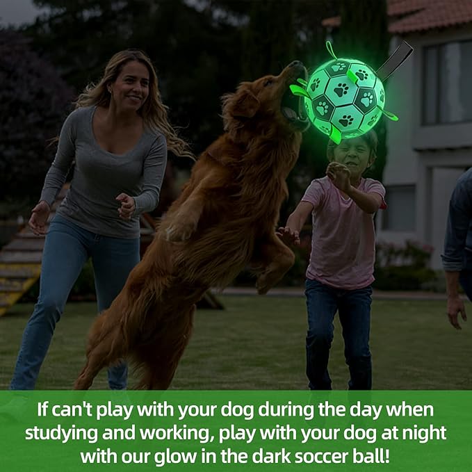 QDAN Glow in The Dark Dog Toys Soccer Ball with Straps, Outdoor Interactive Dog Toys Puppy Birthday Gifts, Dog Tug Water Toy, Light Up Dog Balls for Small & Medium Dogs(6 Inch Size 2)