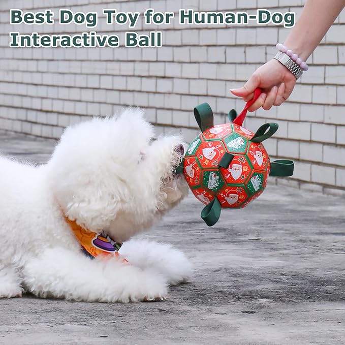 QDAN Christmas Dog Toys Soccer Ball with Straps, Outdoor Interactive Dog Toys for Tug of War, Puppy Birthday Gifts, Dog Tug Toy, Dog Water Toy, Durable Dog Balls for Medium & Large Dogs(8 Inch)