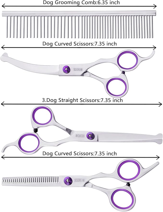 5 in 1 Dog Grooming Scissors Kit with Safety Round Tips for 4CR Stainless Steel Dogs and Cats, Professional Pet Shears, Purple, Purple-5 in 1