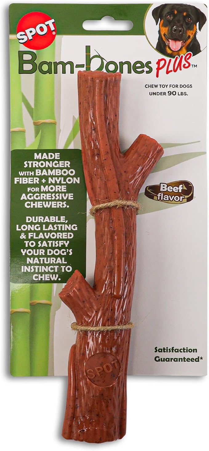 SPOT Bam-bones PLUS Branch -Bamboo Fiber & Nylon, Durable Long Lasting Dog Chew for Aggressive Chewers – Great Toy for Adult Dogs & Teething Puppies under 90lbs, Non-Splintering, 9.5in, Beef Flavor