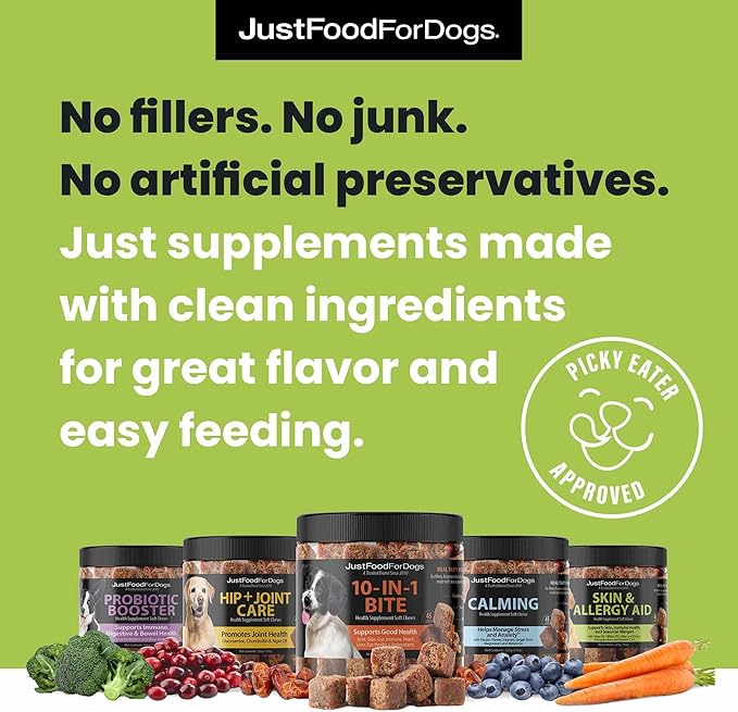 JustFoodForDogs Skin & Allergy Care Soft Chews Supplement for Dogs, Seasonal Allergies, Itchy Skin, Inflammation, Immune Support - 45 Count