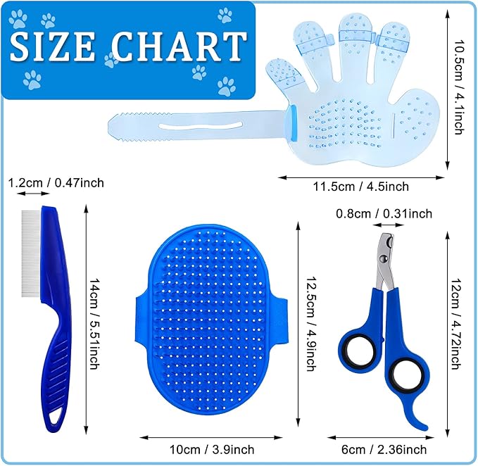 4 Pieces Bunny Grooming Kit: Brush, Hair Remover, Nail Clipper, Shampoo Brush with Adjustable Ring Handle for Rabbits, Hamsters (Blue)
