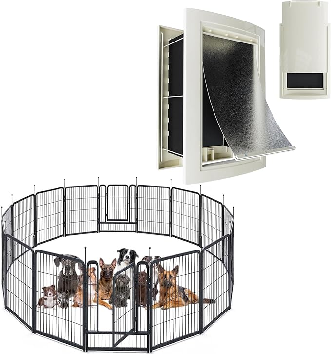MESTYL Dog Playpen, 40" Height 16 Panels Outdoor/Indoor Pet Play Pen and Dog Door for Wall, Pet Door, Easy to Install
