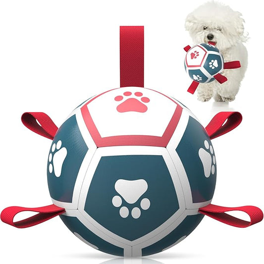 QDAN Dog Toys Soccer Ball with Straps, Outdoor Interactive Dog Toys for Tug of War, Puppy Birthday Gifts, Dog Tug Toy, Dog Water Toy, Durable Dog Balls for Small Dogs - Blue&Red(5 Inch)