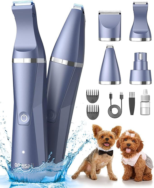 oneisall Dog Clippers Grooming Kit 4 in 1, Low Noise Dog's Paw Trimmer&Nail Grinder,IPX7 Waterproof Cordless Puppy Trimmer Shaver for Small Pets