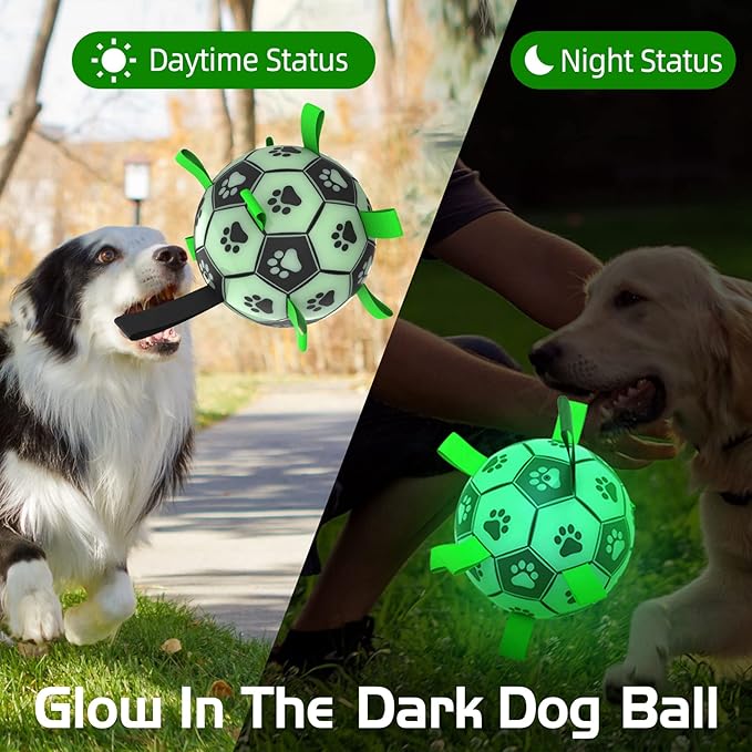 QDAN Glow in The Dark Dog Toys Soccer Ball with Straps, Outdoor Interactive Dog Toys Puppy Birthday Gifts, Dog Tug Water Toy, Light Up Dog Balls for Small & Medium Dogs(6 Inch Size 2)