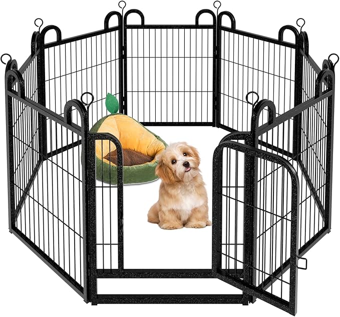 Puppy Playpen 8 Panels Small Dog Fence Outdoor Indoor Use 24" Height Anti-Rust with Doors Portable Dog Play Pen for RV Camping Yard, Total 15FT, 17 Sq.ft, Snowy Black