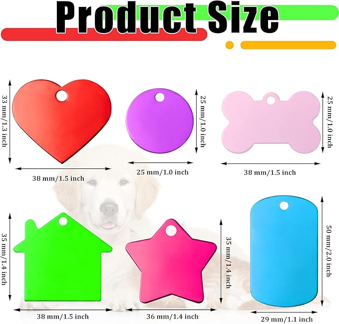 Frienda 48 Pcs Blank Pet ID Tag Colorful Aluminum Dog Cat Tags Blank Round Heart Star Bone House Rectangle Tags with Ring Pet ID Tags Pendant with Hole for Pet Dog Cat Name Phone Number, 6 Styles