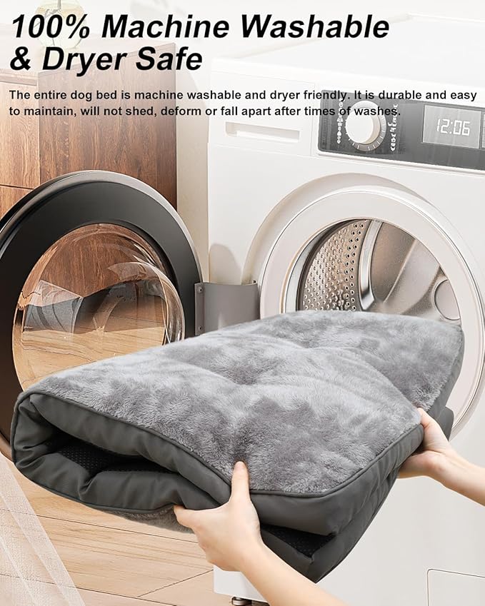 Dog Bed for Crate Washable Extra Large Dog Bed Plush Dog Kennel Pad Pet Sleeping Mat with Anti-Slip Bottom, 41x27 Inch, Grey