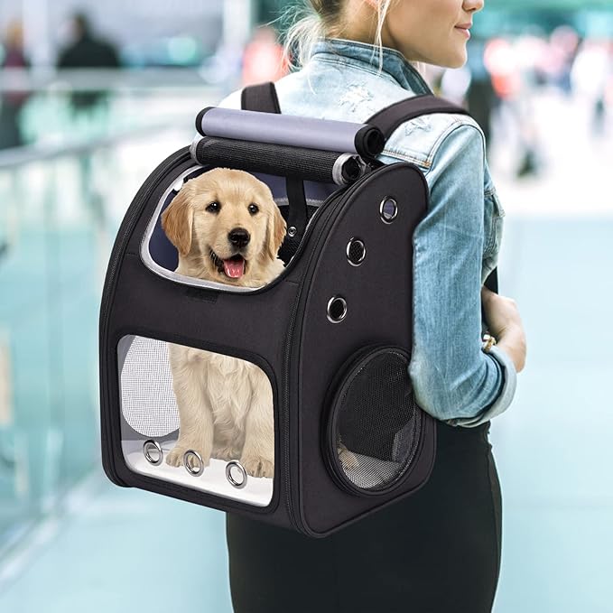 Expandable Pet Carrier Backpack for Cats, Dogs and Small Animals, Portable Pet Travel Carrier, Super Ventilated Design, Airline Approved, Ideal for Traveling/Hiking/Camping, Black, XL