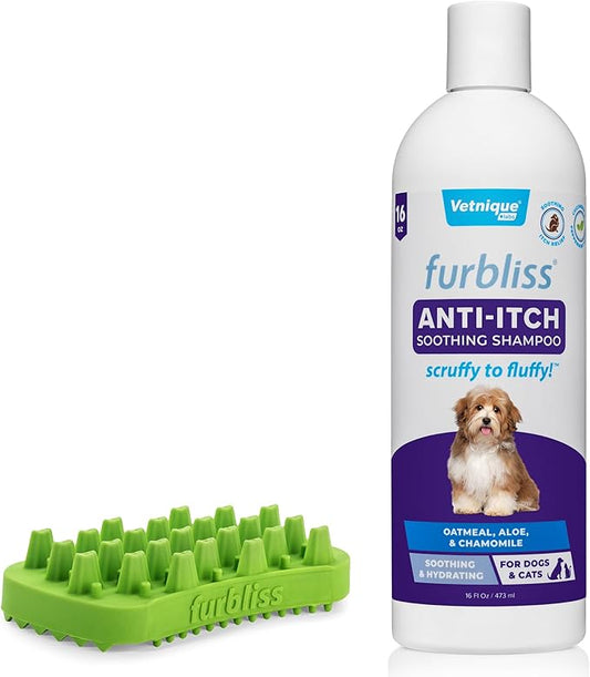 Vetnique Labs Furbliss Anti-Itch Soothing Oatmeal Shampoo 16oz & Furbliss Dog Brush for Long Hair Pets Bundle Anti-Itch Oatmeal Shampoo for Dogs with Grooming Dog Brush for Long-Haired Dogs & Cats