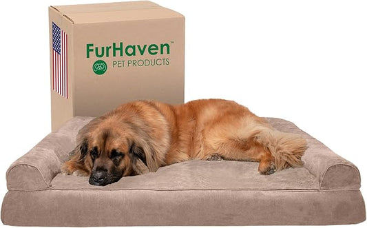 Furhaven Orthopedic Dog Bed for Large Dogs w/ Removable Bolsters & Washable Cover, For Dogs Up to 125 lbs - Plush & Suede Sofa - Almondine, Jumbo Plus/XXL