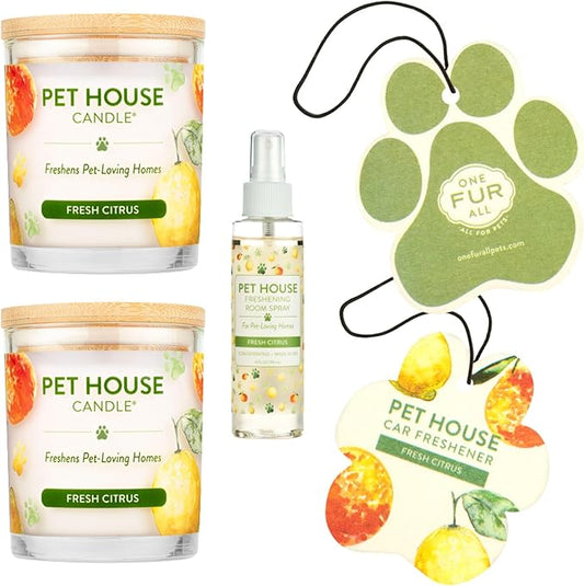 One Fur All Value Pack, Scented Pet Friendly Candles, Room Spray and Car Air Freshener, Long Lasting Pet Odor Solutions for Home - Fresh Citrus